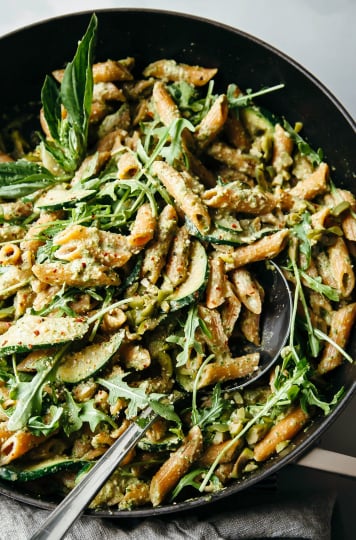 CREAMY OLIVE & ARUGULA PESTO PASTA (vegan) - The First Mess