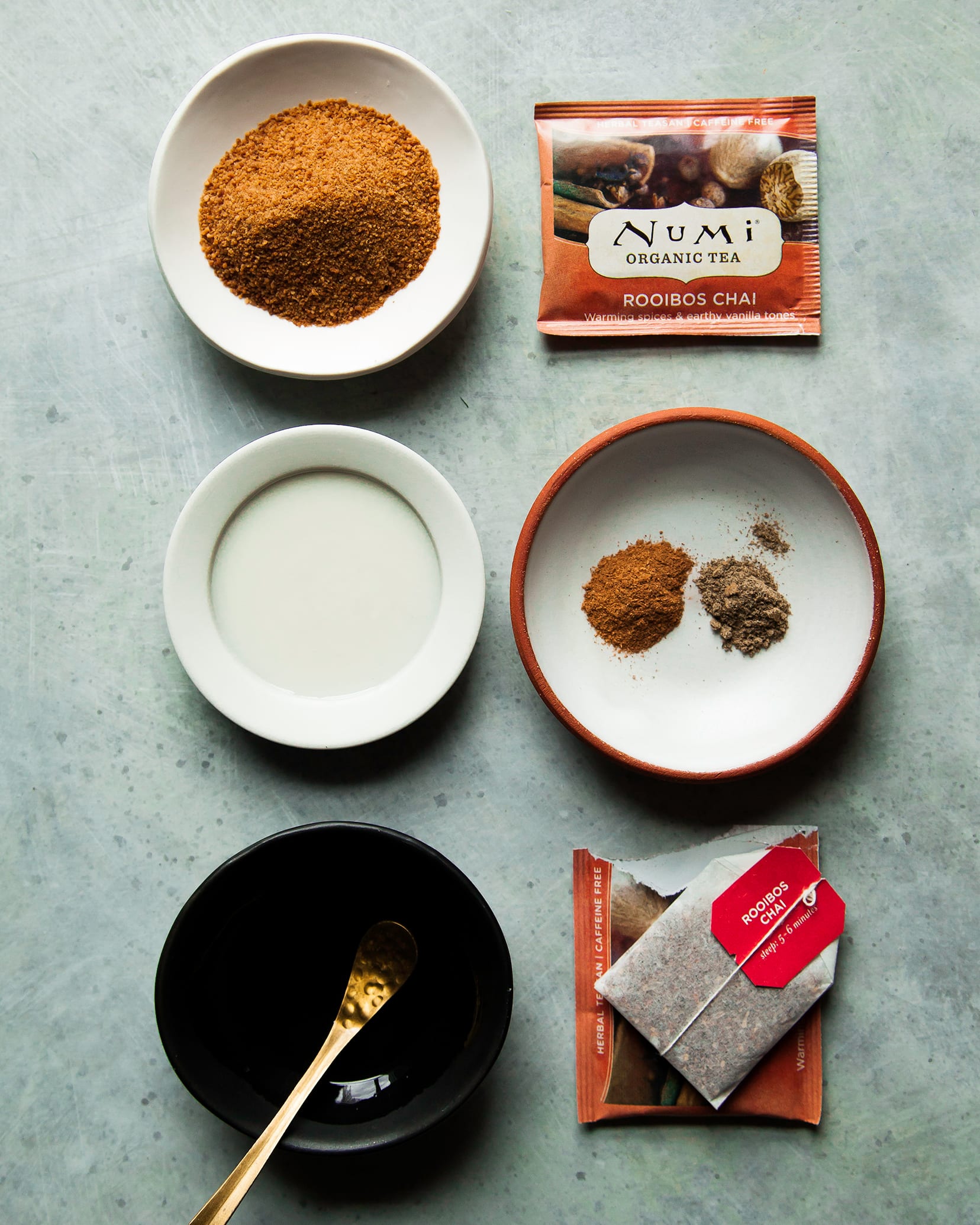 Overhead shot of ingredients for a tea latte.