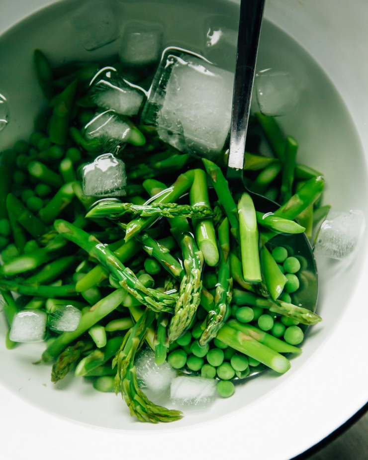 An overhead shot of green vegetables in an ice water bath in a white bowl.