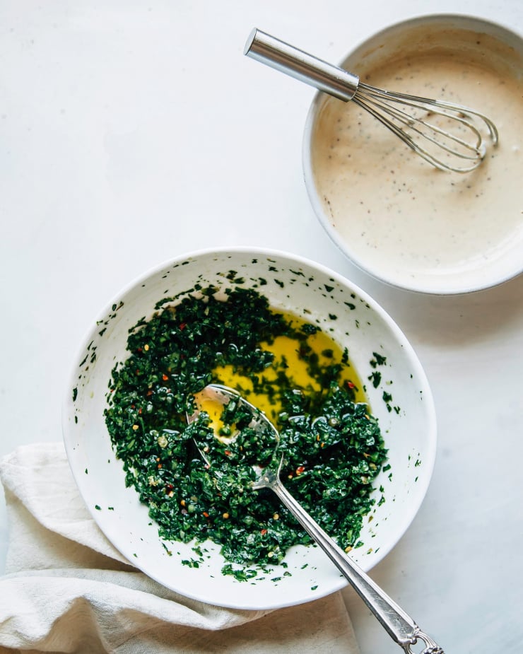 Image shows one creamy sauce and one herb-based sauce.