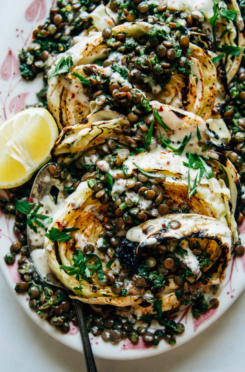 Cabbage Steaks with Jalapeño Chimichurri Lentils - The First Mess
