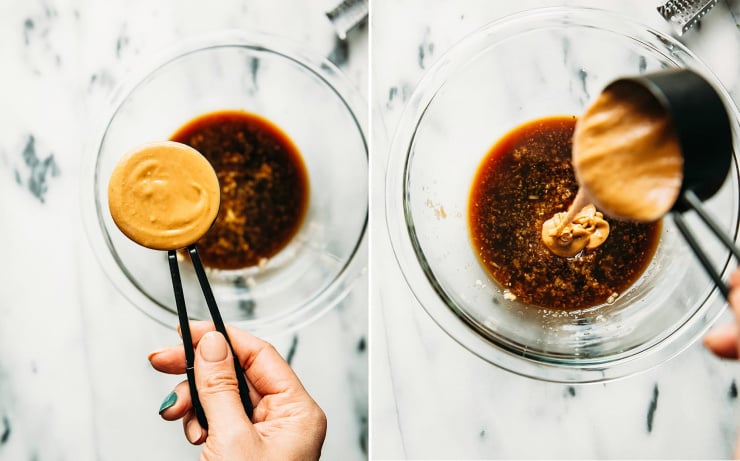 Two photos show a measuring cup of smooth peanut butter being poured into a clear glass bowl with other ingredients for a sauce.