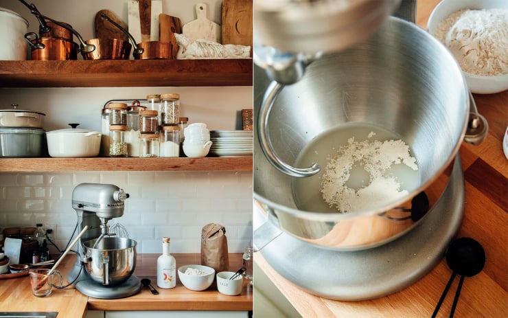 Two photos are shown. One shows a stand mixer on the counter in a kitchen with ingredients for pizza dough nearby. The other photo is an overhead shot that shows yeast blooming in water inside the bowl of a stand mixer.