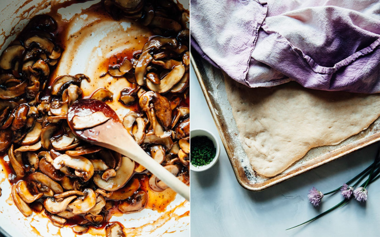 Two photos are displayed side by side. The first photo shows saucy sautéed mushrooms in a skillet. The other photo shows some flatbread dough stretched out in a baking sheet with a towel covering part of it.