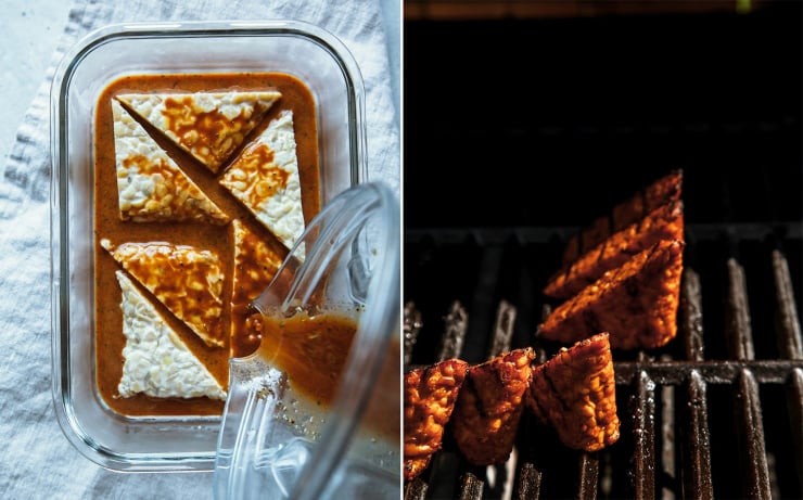 Two photos show triangular pieces of tempeh being marinated in a container, and also being grilled outdoors.