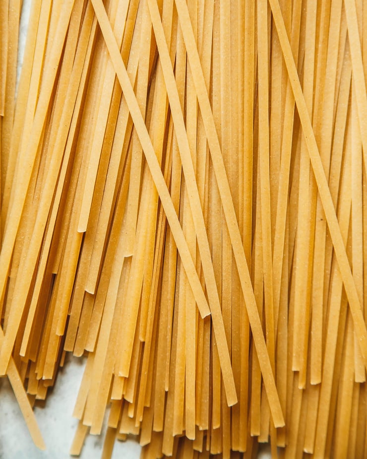 An up close shot of brown rice noodles.