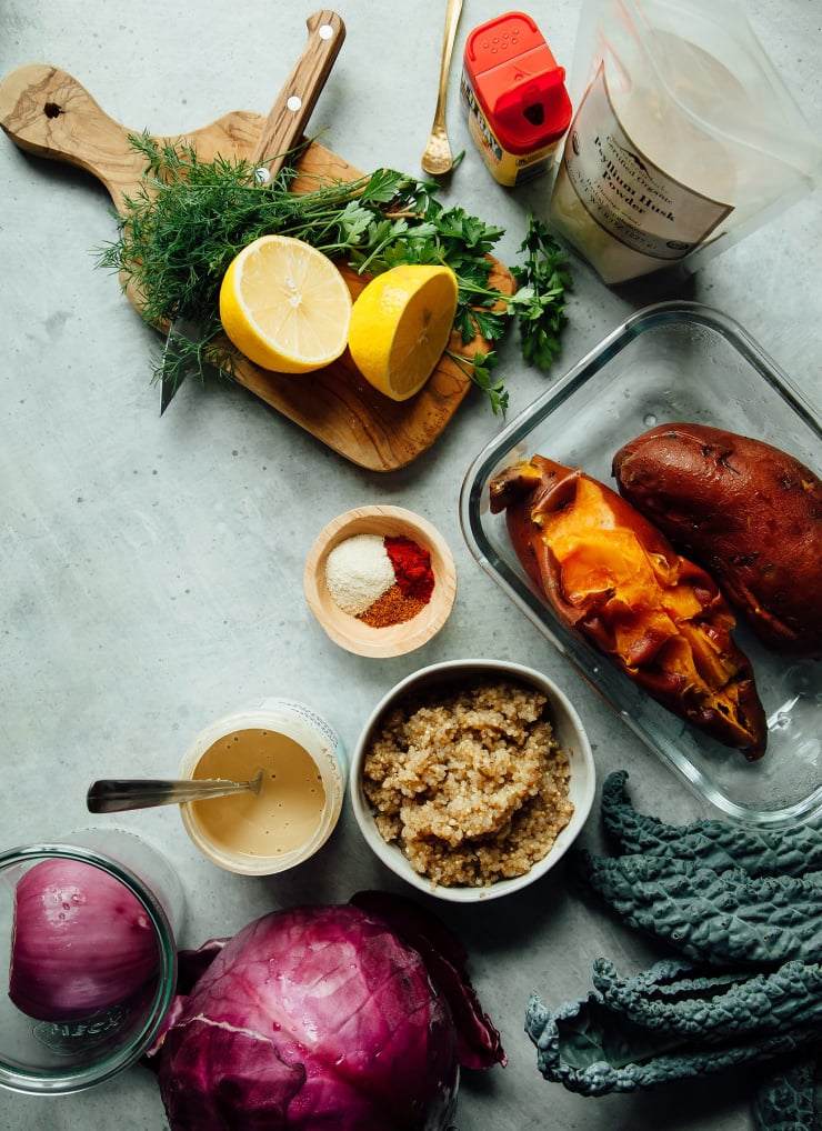 An overhead shot of prepped components for making sweet potato cake patties.