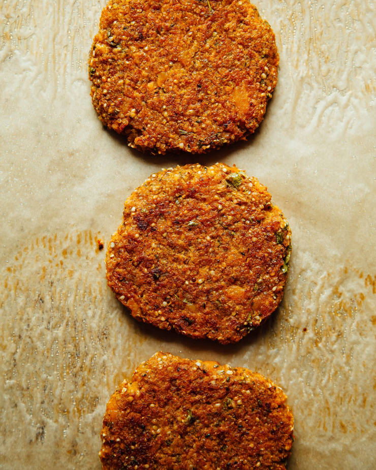 An overhead shot of baked sweet potato cake patties.