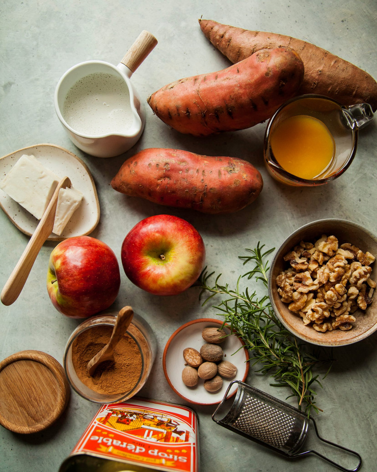 An overhead shot of ingredients for a vegan sweet potato casserole.