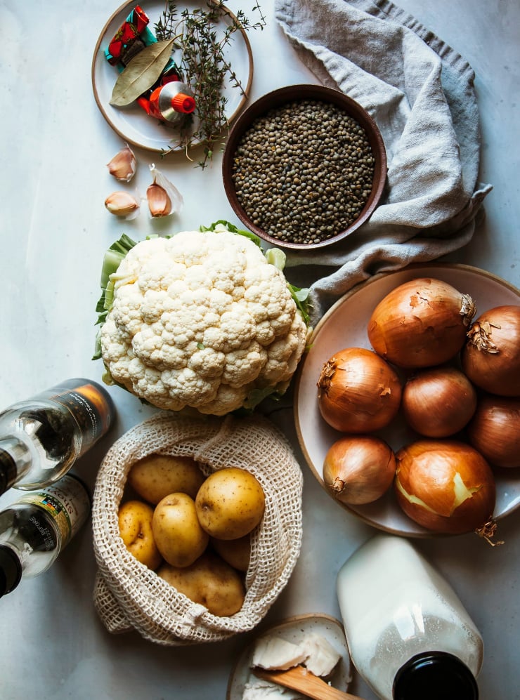 An overhead shot of ingredients for a vegan shepherd’s pie.