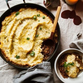 An overhead shot of a vegan french onion shepherd's pie topped with a cauliflower potato mash.