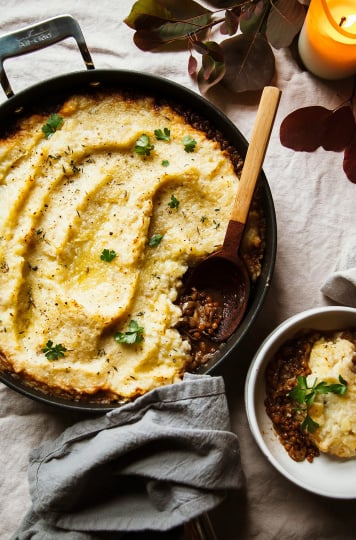 An overhead shot of a vegan french onion shepherd's pie topped with a cauliflower potato mash.