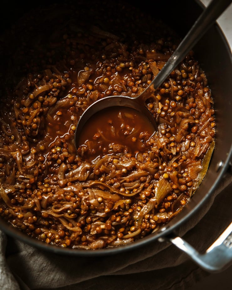A deep brown caramelized onion and lentil stew is shown in a pot with a ladle. 