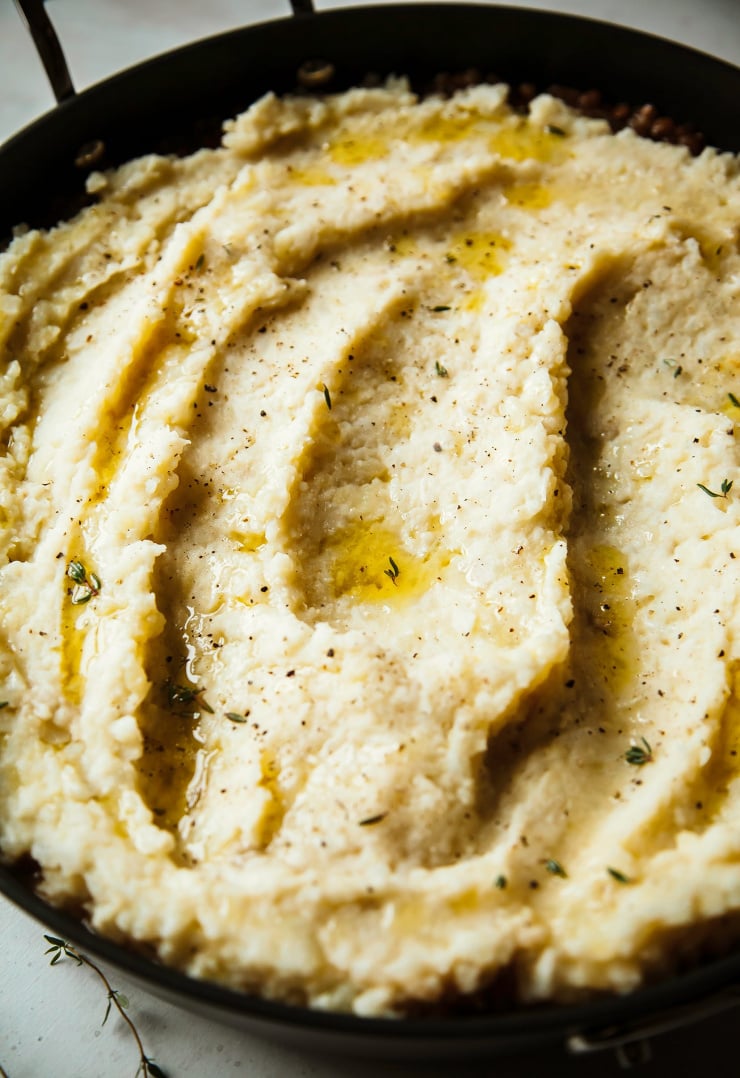 Image shows a shepherd’s pie before baking.
