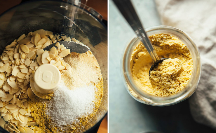 Images show vegan โParmesanโ sprinkle ingredients in a food processor on the left and the completed product on the right.