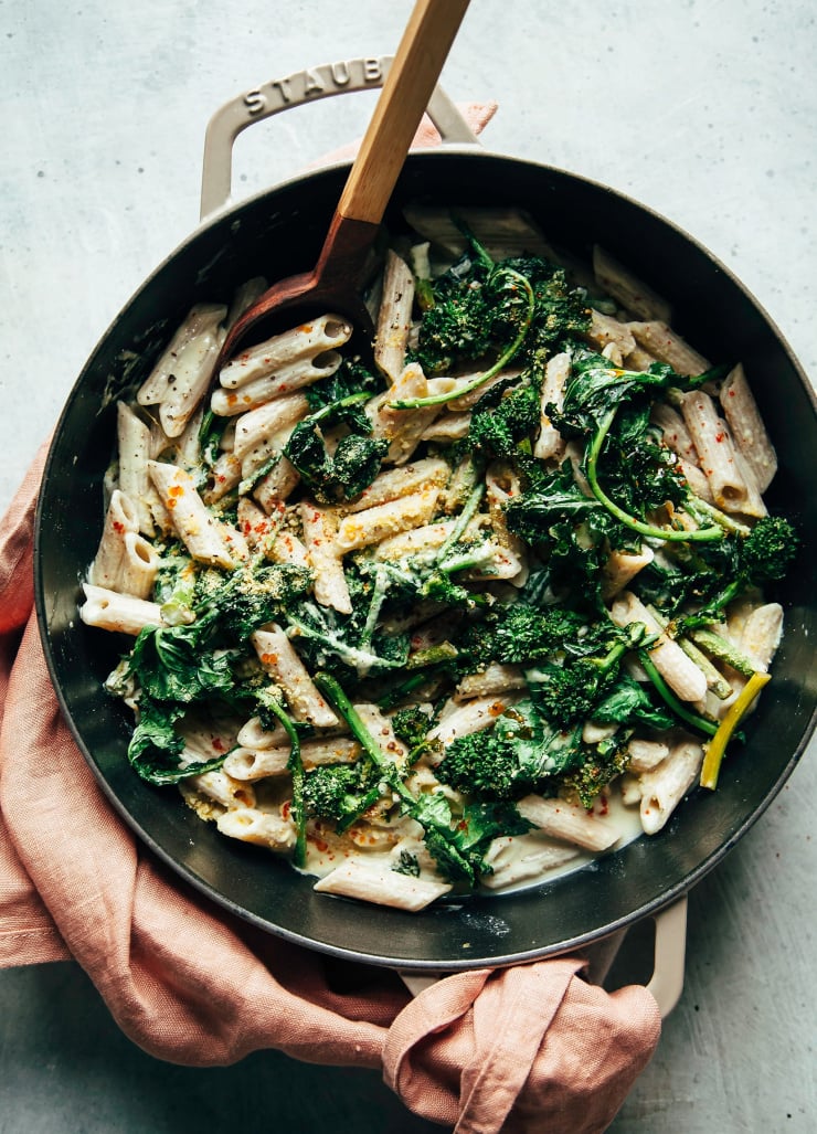 Vegan creamy truffle pasta with balsamic-roasted broccoli rabe