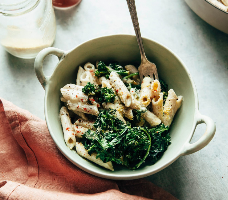 Vegan creamy truffle pasta with balsamic-roasted broccoli rabe