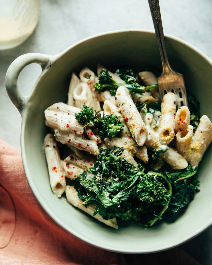 Vegan creamy truffle pasta with balsamic-roasted broccoli rabe