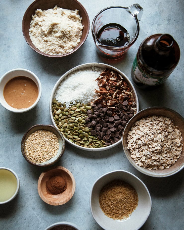 An overhead shot of ingredients and prep for a baking project.