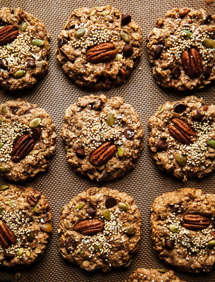 An overhead shot of 9 cookies in a grid formation.
