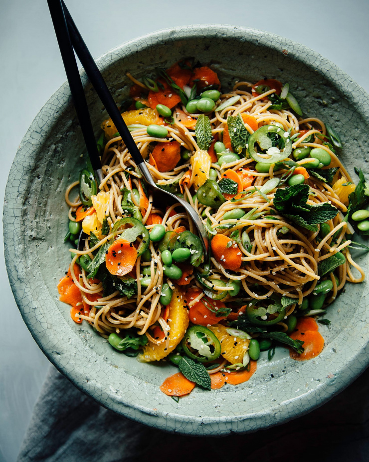 COLD GINGER NOODLE SALAD WITH MINT, EDAMAME & ORANGE