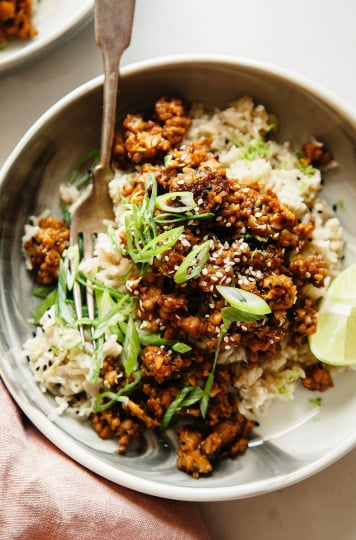 An overhead shot of crumbled tempeh coated in a red spice blend/sauce treatment. The tempeh is served on top of rice and garnished with sliced green onions.