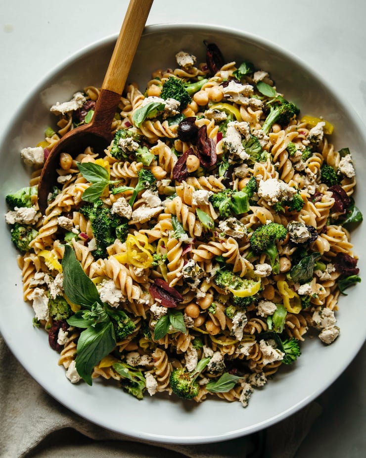Pepperoncini pasta salad with basil.