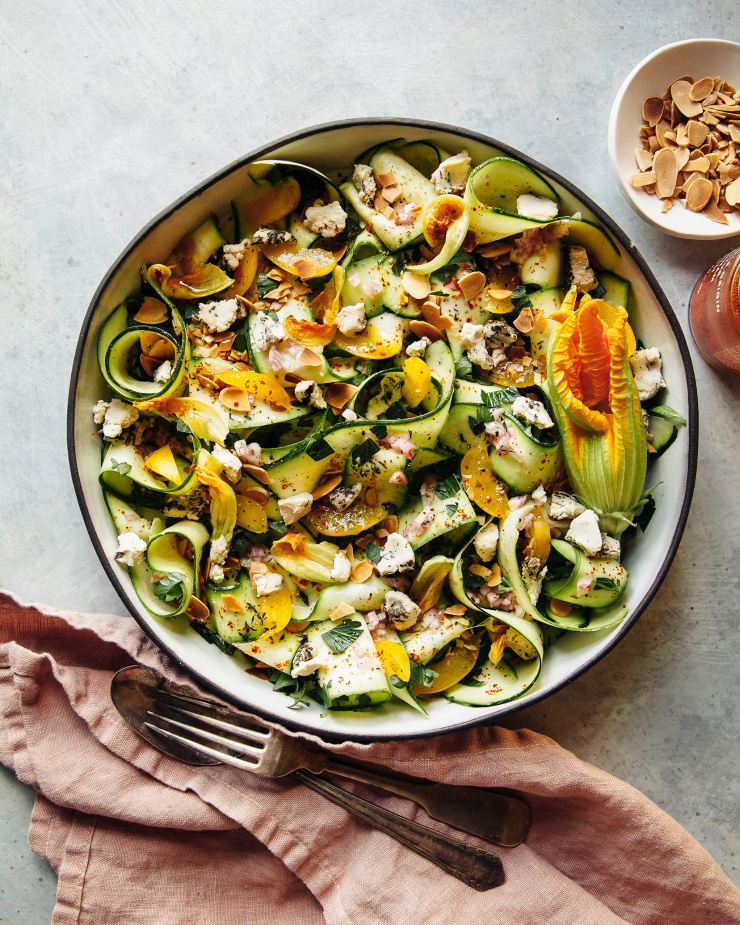 shaved zucchini salad with plums, herbs and almonds