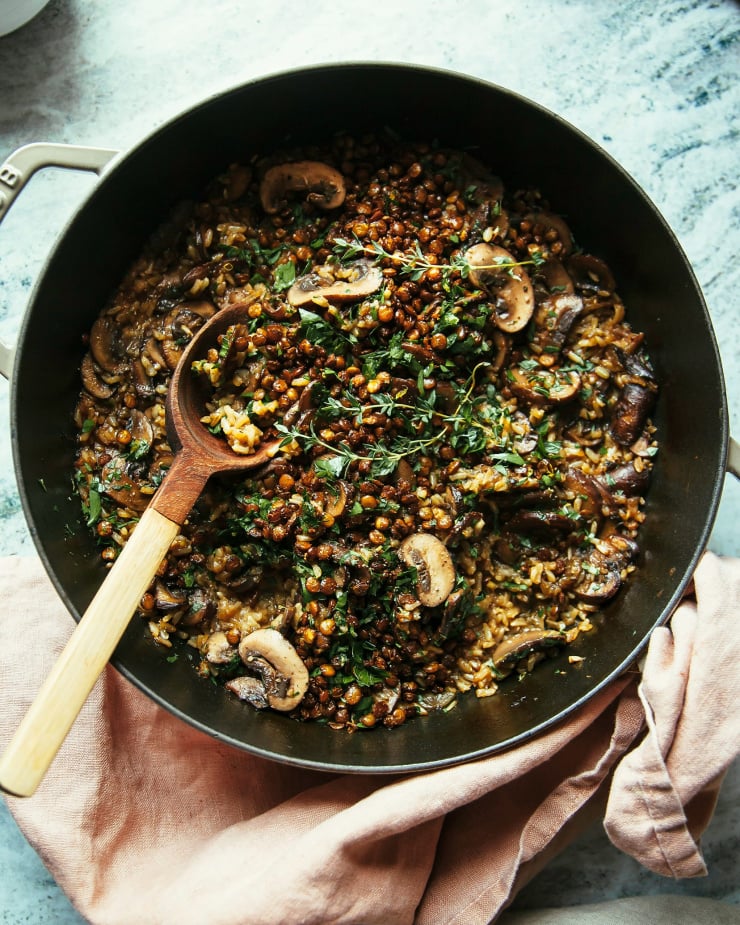 Mushroom Brown Rice Bake with Caramelized Shallots, Crispy Lentils & Gremolata