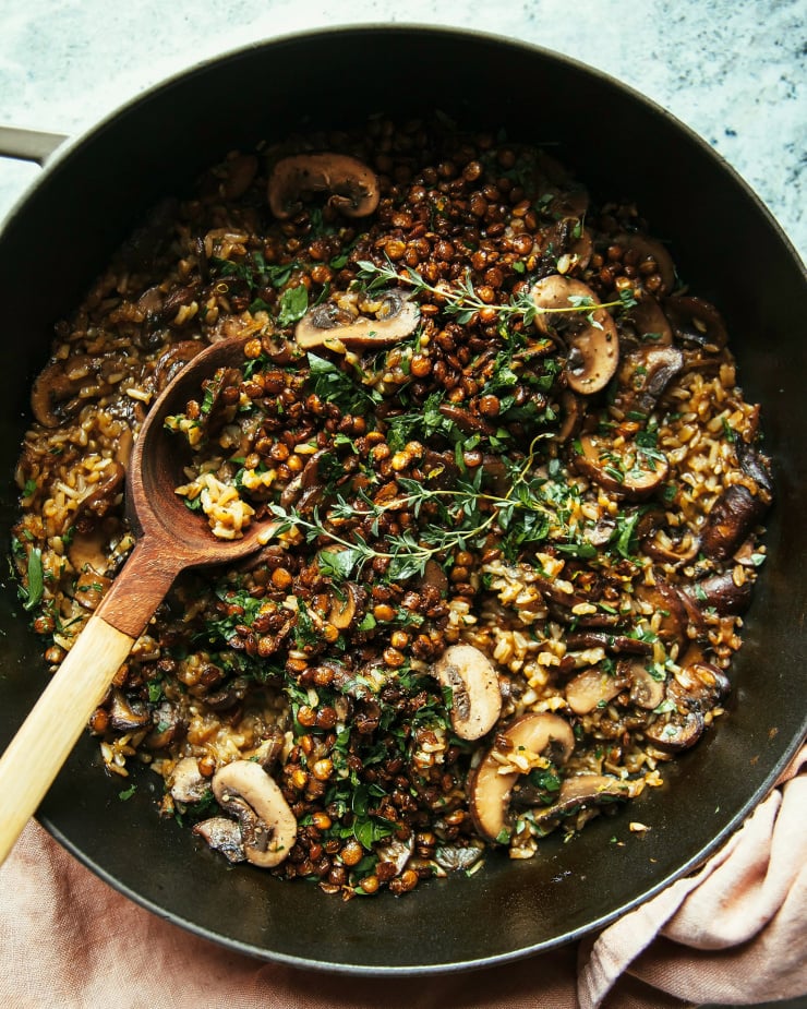 Mushroom Brown Rice Bake with Caramelized Shallots, Crispy Lentils & Gremolata