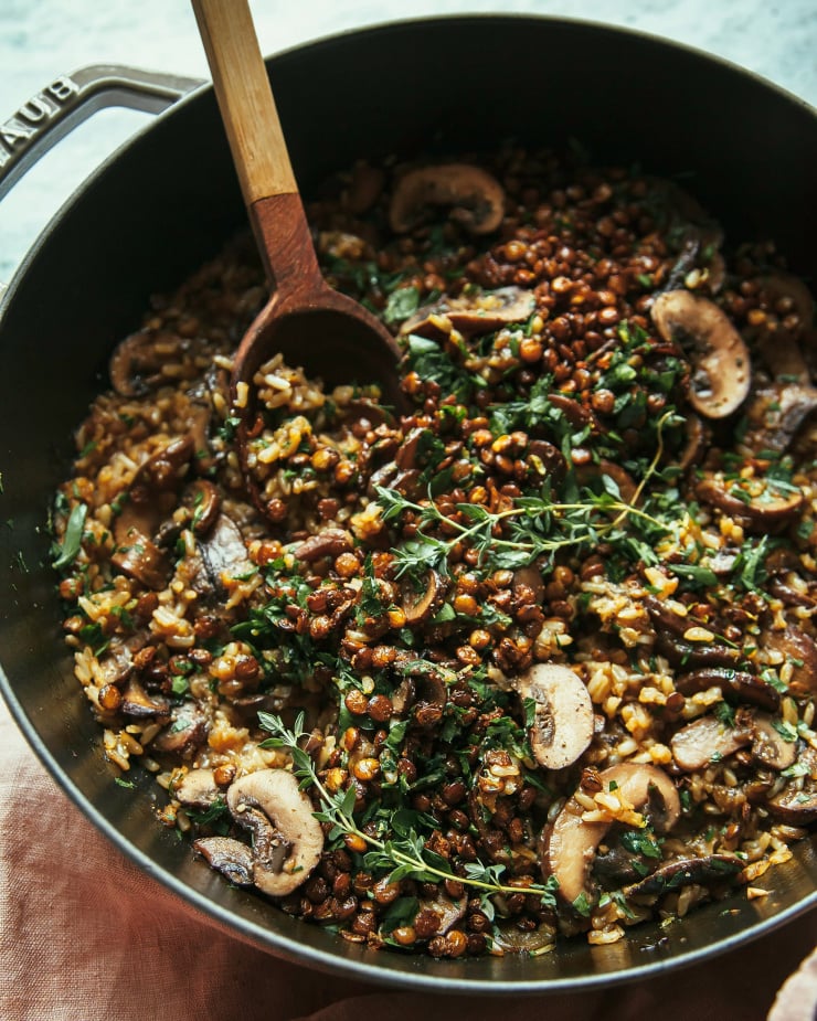 Mushroom Brown Rice Bake with Caramelized Shallots, Crispy Lentils & Gremolata