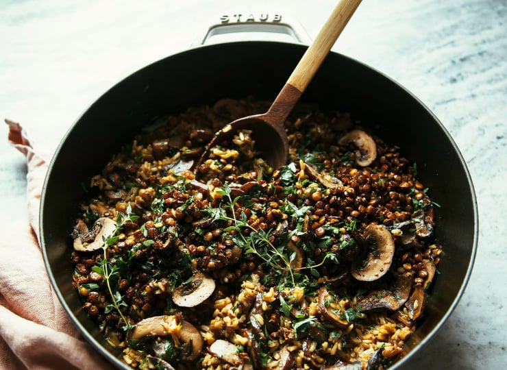 Mushroom Brown Rice Bake with Caramelized Shallots, Crispy Lentils & Gremolata