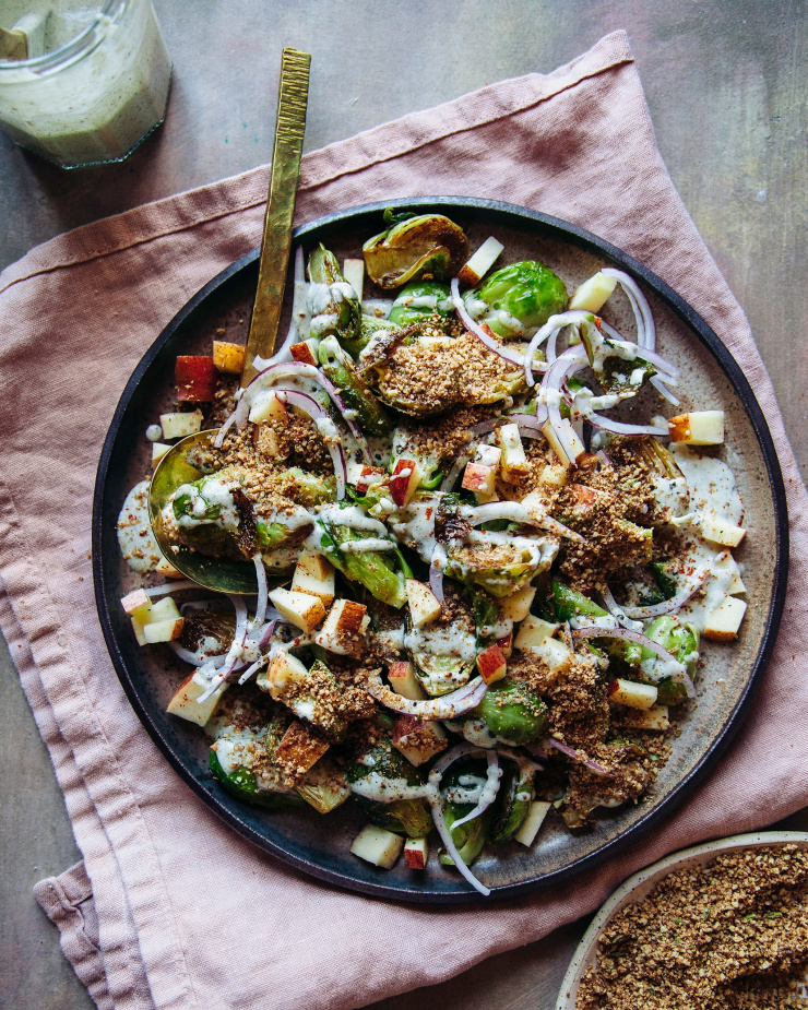 LOADED BRUSSELS SPROUTS SALAD WITH CREAMY MAPLE MUSTARD DRESSING AND SMOKY PECAN CRUMBLE - The First Mess