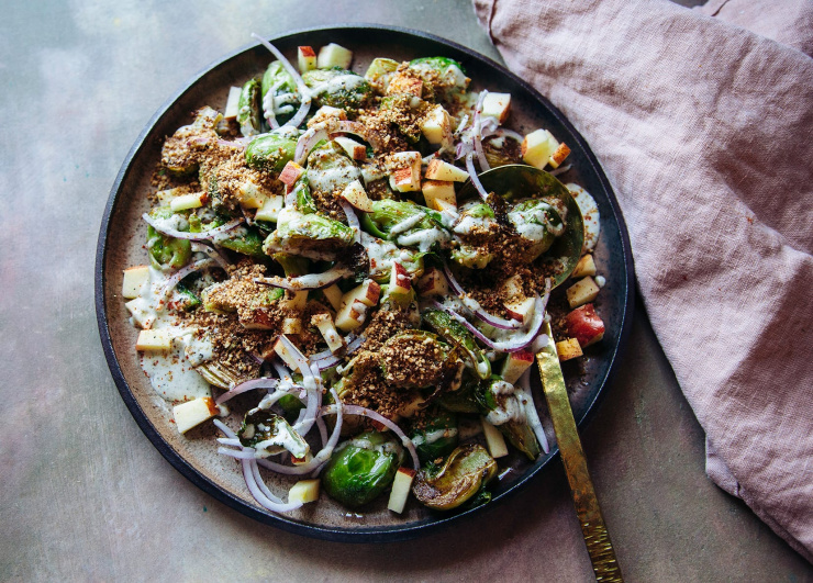LOADED BRUSSELS SPROUTS SALAD WITH CREAMY MAPLE MUSTARD DRESSING AND SMOKY PECAN CRUMBLE - The First Mess