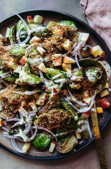 LOADED BRUSSELS SPROUTS SALAD WITH CREAMY MAPLE MUSTARD DRESSING AND SMOKY PECAN CRUMBLE - The First Mess