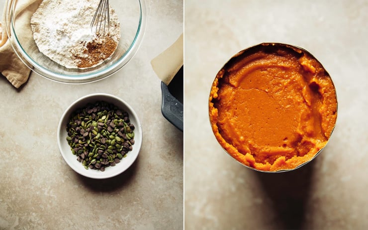 Two overhead images show a bowl with flour and spices, a bowl with pumpkin seeds and chocolate chips, and a can of pumpkin purée.