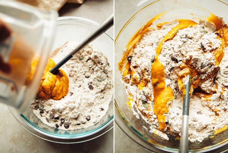 Two images show a pumpkin mixture being poured into a bowl with a flour and chocolate chip mixture. The second photo shows the two components being stirred together.