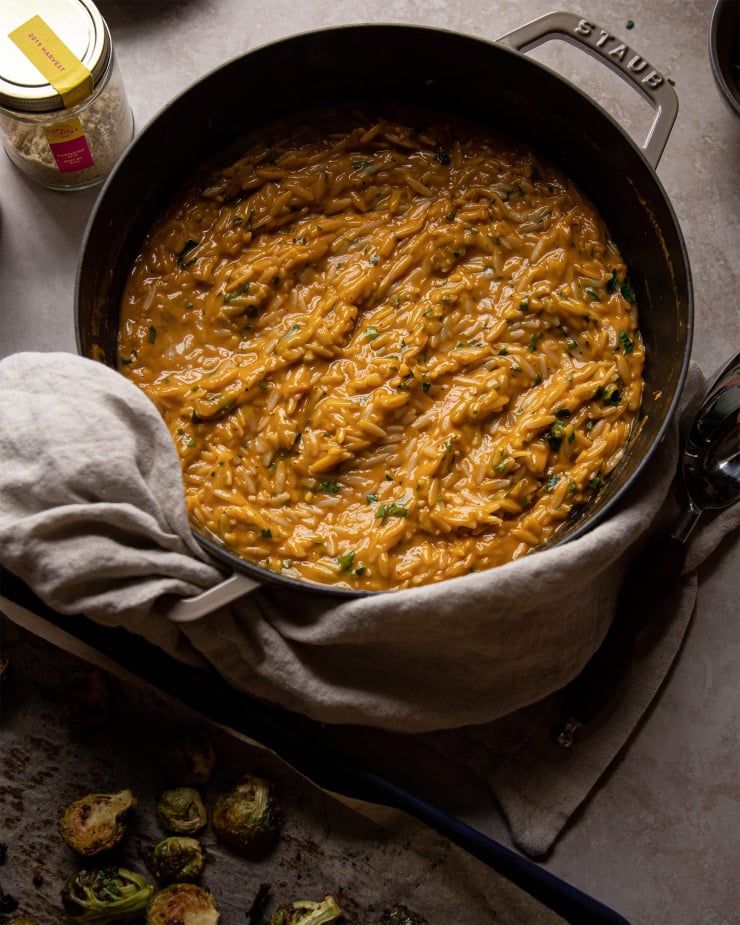 The orzo and the Brussels sprouts, ready to plate