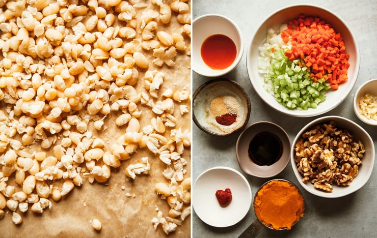 A duo of images. One on the left is an overhead shot of white beans after drying out in the oven. Image on the right is an overhead shot of prepped chopped vegetables, walnuts, and sauces.