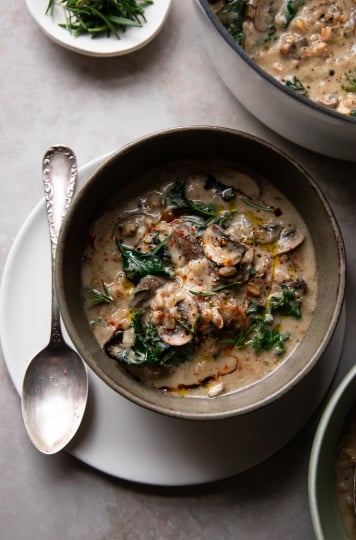 Overhead shot of a creamy vegan mushroom stew in a deep, olive green bowl, set on a white plate, on top of a grey stone background.