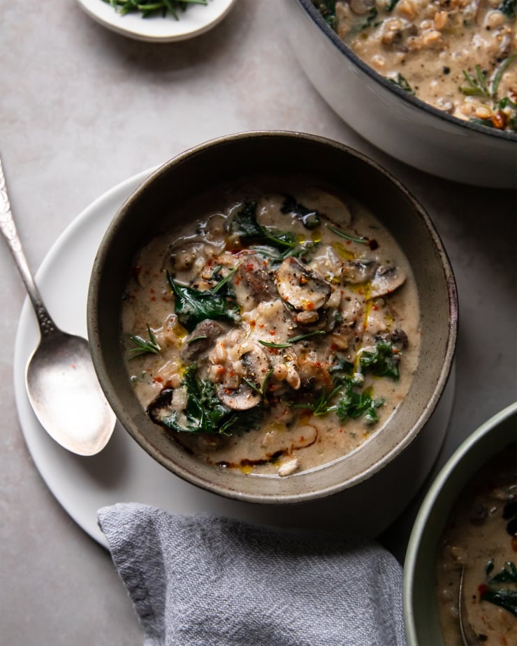 Overhead shot of a creamy vegan mushroom stew in a deep, olive green bowl, set on a white plate, on top of a grey stone background.