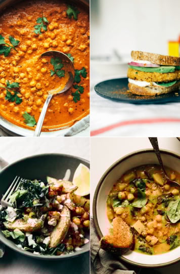 4 photos in a grid show 4 different vegan chickpea recipes: a pan of vegan "butter" chickpeas-style curry, a chickpea and cauliflower veggie burger, a grain bowl with chickpeas and harissa, and a lemony chickpea soup with chunks of potato and spinach.