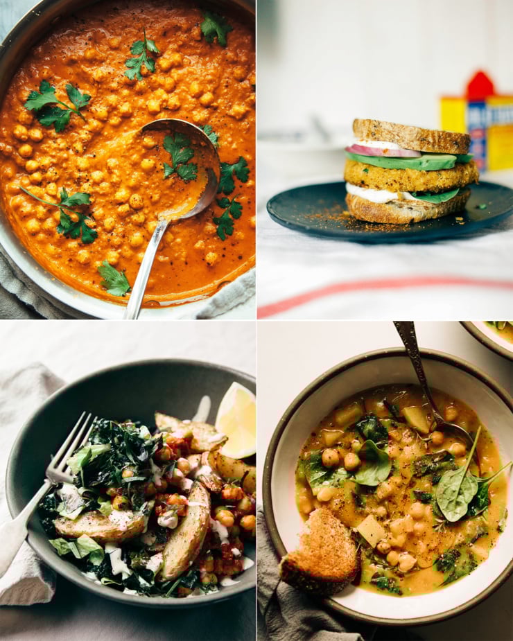 4 photos in a grid show 4 different vegan chickpea recipes: a pan of vegan "butter" chickpeas-style curry, a chickpea and cauliflower veggie burger, a grain bowl with chickpeas and harissa, and a lemony chickpea soup with chunks of potato and spinach.