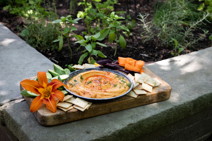 A 3/4 angle shot of a plate of creamy orange dip on a wood board. The dip is surrounded by cut vegetables, crackers, and a decorative orange flower. The photo was taken outdoors.