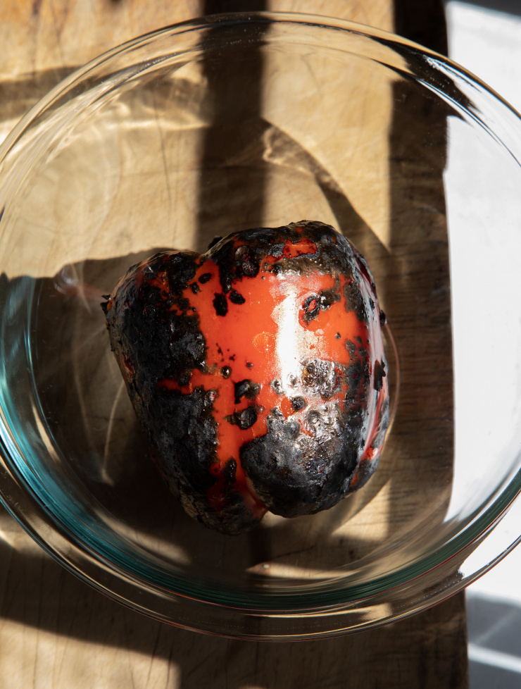 An overhead shot of a charred roasted red pepper in direct sunlight.