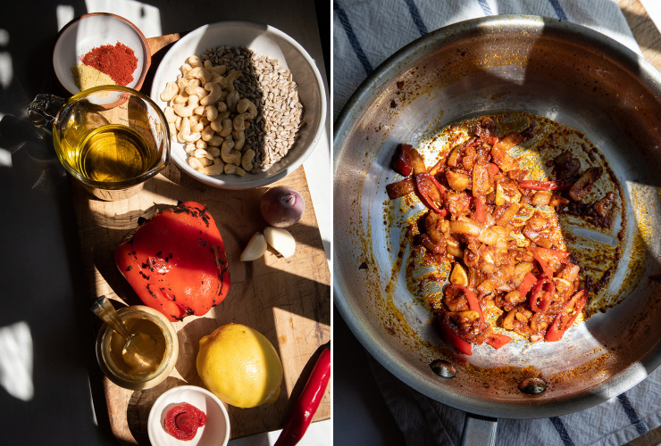Two overhead images in direct light show: ingredients for a vegan red pepper dip + a mixture of sautéed shallots, chilies, and garlic with spices in a sauté pan.