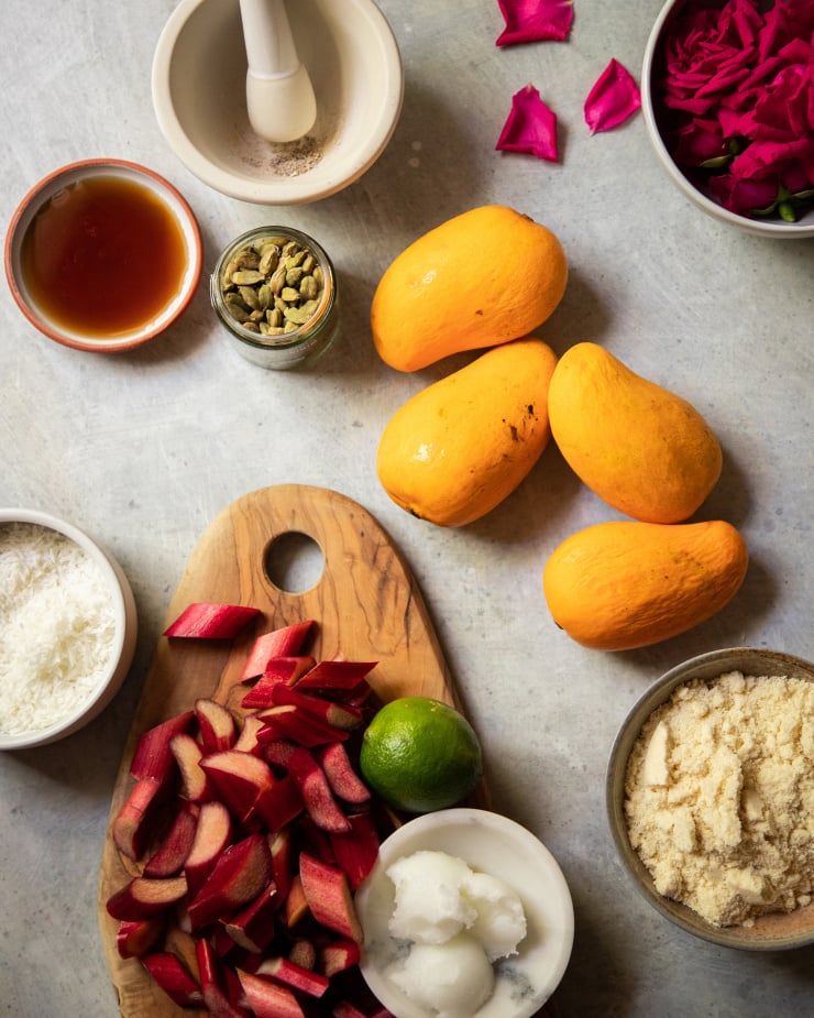 An overhead shot of ingredients for a crumble dessert.