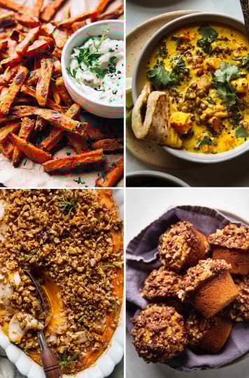 4 images show 4 different sweet potato recipes: baked fries, a stew with lentils, a nut-topped casserole, and muffins with streusel topping