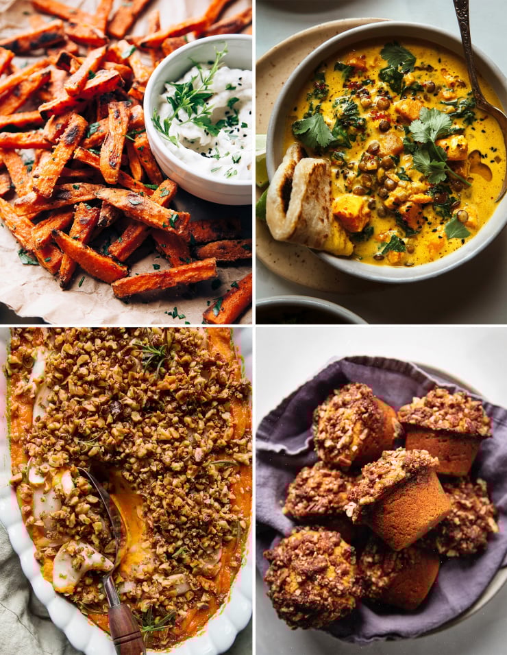 4 images show 4 different sweet potato recipes: baked fries, a stew with lentils, a nut-topped casserole, and muffins with streusel topping