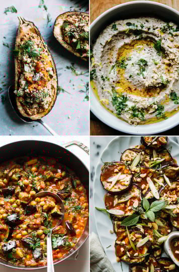 4 images in a grid show the following: a stuffed eggplant half with a light red sauce, a bowl of creamy beige dip, a chunky eggplant and tomato stew, and slices of grilled eggplant with a brown sauce drizzled over the top.